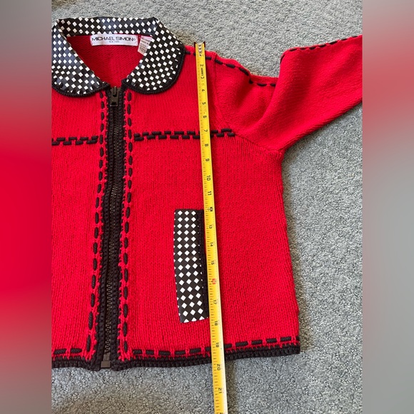 Michael Simon M Sweater Cardigan Check Accents Christmas Red - Picture 6 of 7
